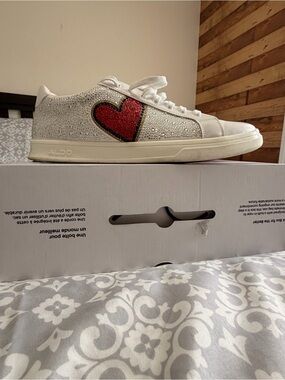 ALDO White Rhinestone Carapetos with Red Heart Patch